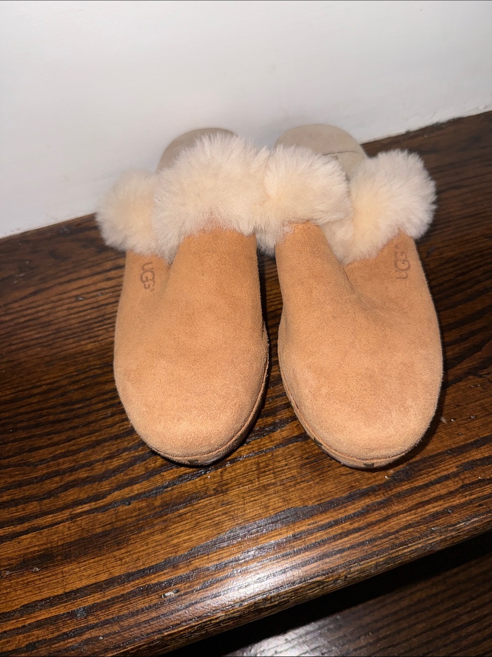 UGG Tan Suede Sheepskin Clog Slippers with Cream Fur Trim